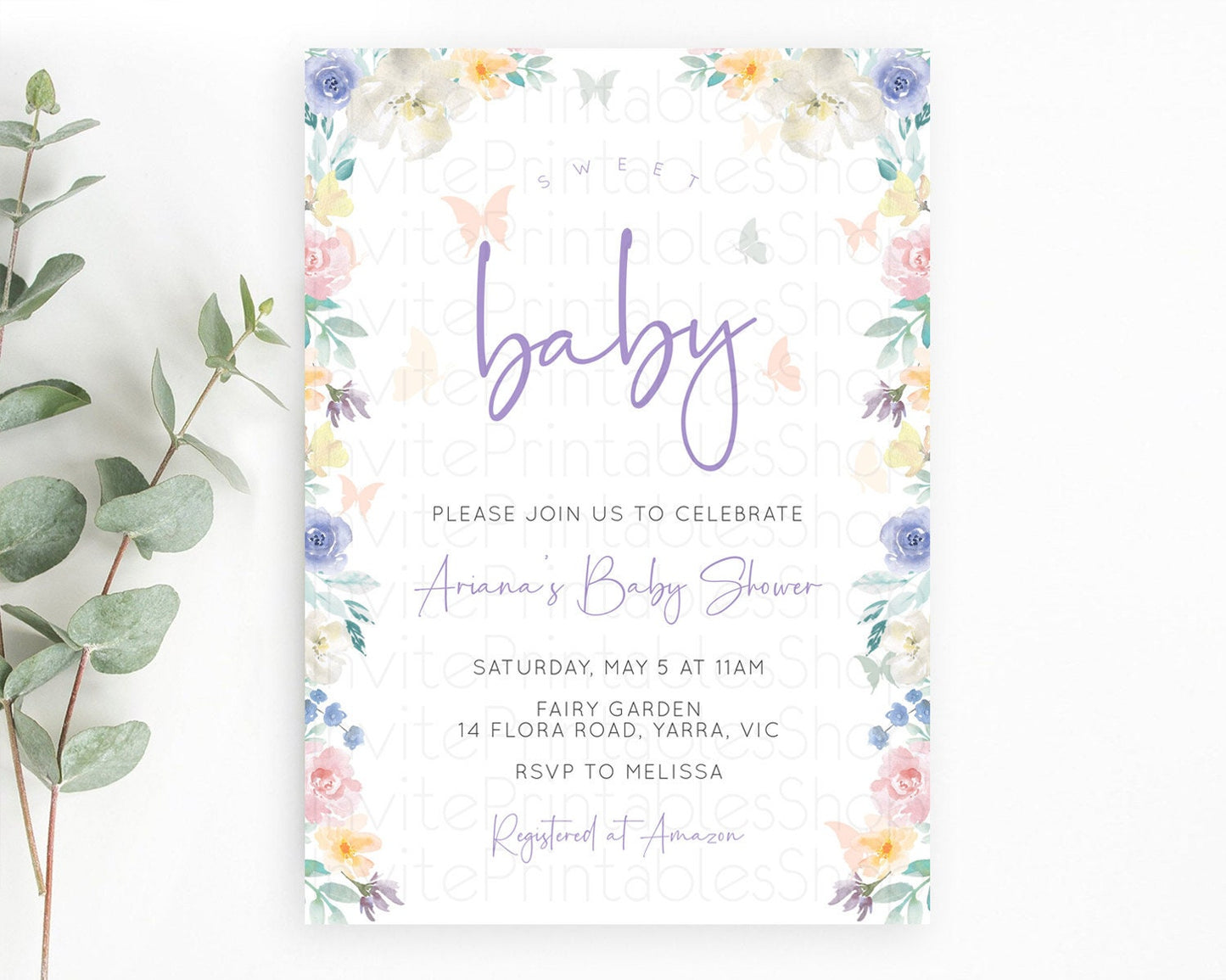Wildflower Baby Shower Invitation Secret Garden Baby Shower Invitation Pastel Flowers Invite Enchanted Garden Shower Floral Theme D10710