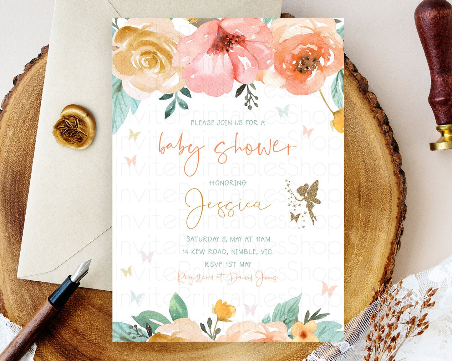 Fairy Baby Shower Invitation Pastel Fairy Invites Fairy Tea Party Fairy Garden Theme Secret Garden Enchanted Garden Floral Butterfly D10346