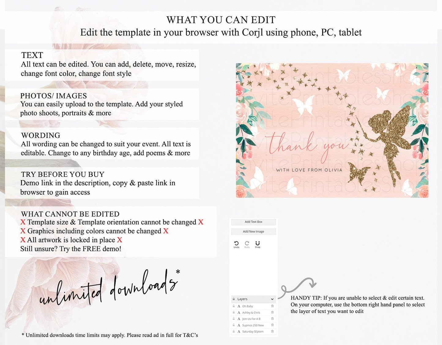 Fairy Thank You Fairy Thank You Card Enchanted Garden Pastel Butterfly Birthday Thank You Floral Secret Garden Teacher Thank You D10792