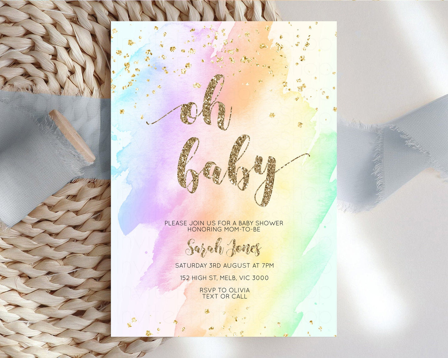 Rainbow Baby Shower Invitation Pastel Baby Shower Invitation Watercolor Ombre Invitation Rainbow Pastel Colors Invite Glitter Confetti g602