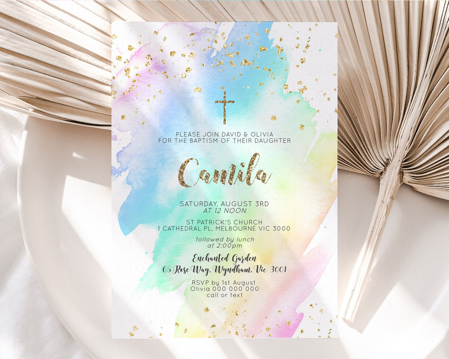 Rainbow Baptism Invitation Pastel Christening Invitation Holy Communion Invitation Glitter Watercolor Splash Invitation Colorful Invite g601