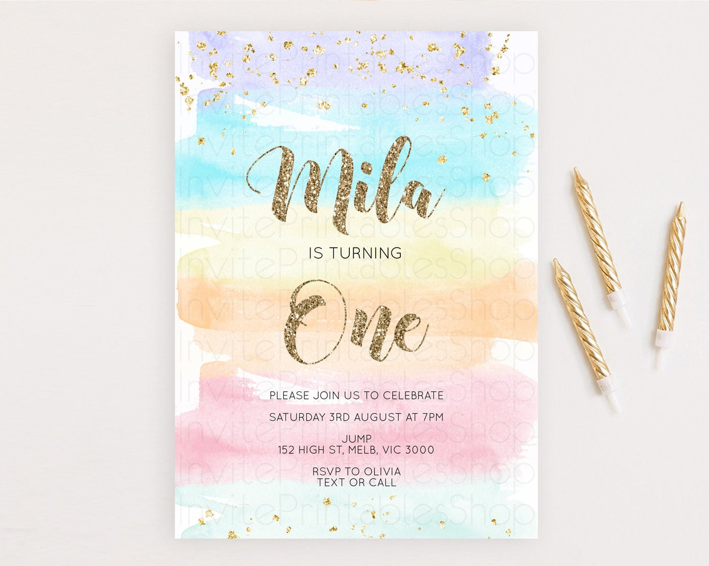 Rainbow Birthday Invitation Colorful Pastel Watercolor Invitation Gold Glitter Sprinkles Ombre Pastel 1st 2nd 3rd Birthday D10508