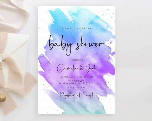 Pastel Baby Shower Invitation Rainbow Baby Shower Invitation Colorful Pastel Watercolor Invitation Gold Glitter Sprinkles Ombre D10491