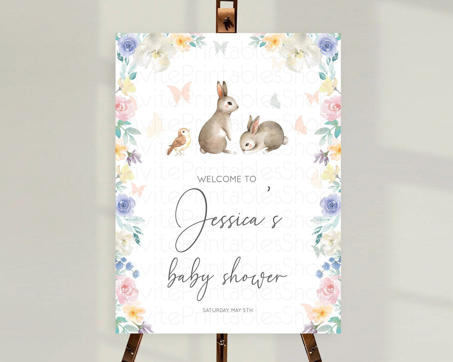 Bunny Baby Shower Welcome Sign Floral Bunny Welcome Board Pastel Flowers Woodland Bunny Welcome Poster Forest Bunny Welcome Sign D10928