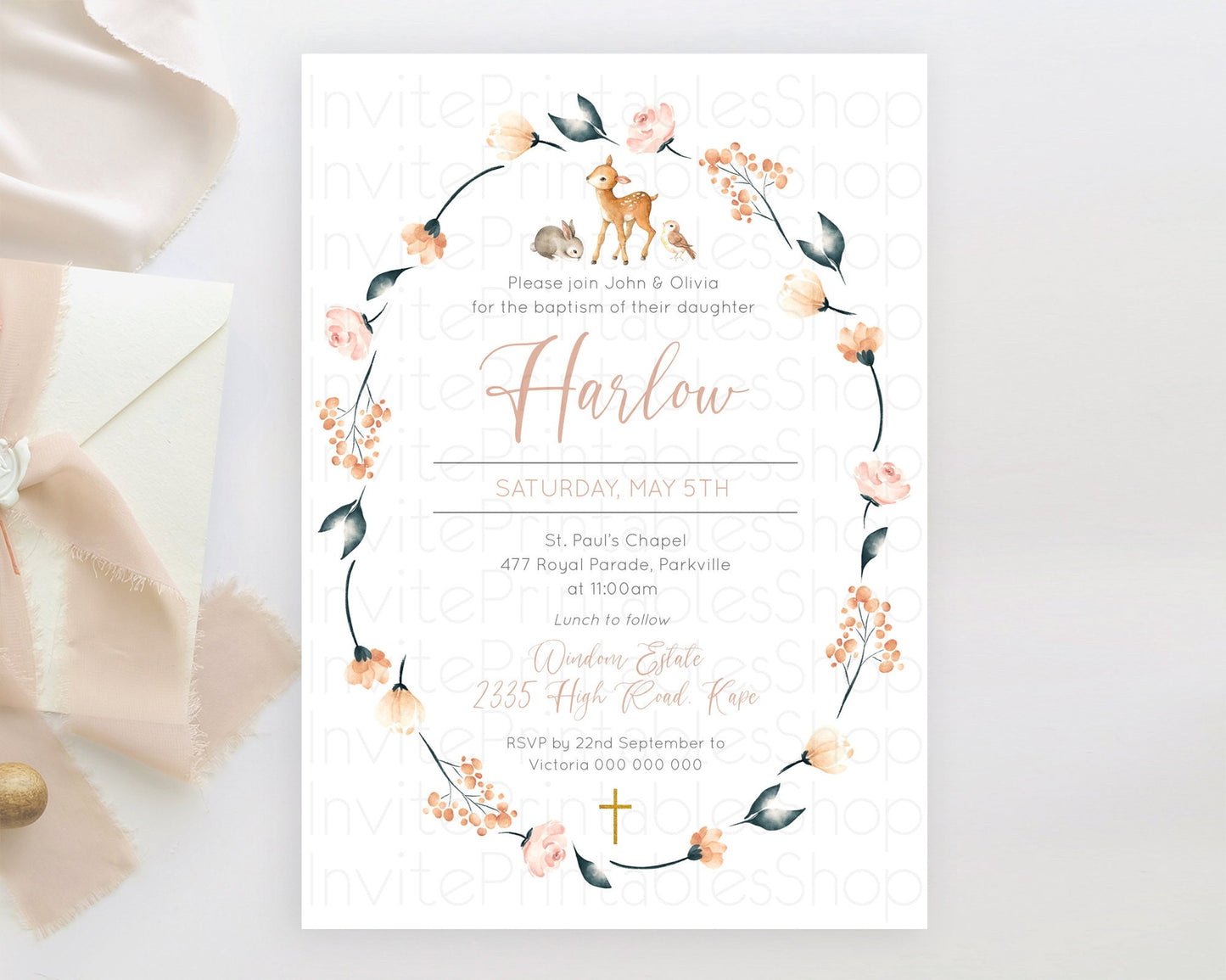 Fawn Baptism Invitation Deer Baptism 1st Birthday Invitation Enchanted Forest Christening Invitation Pastel Garden Butterfly Floral D10241