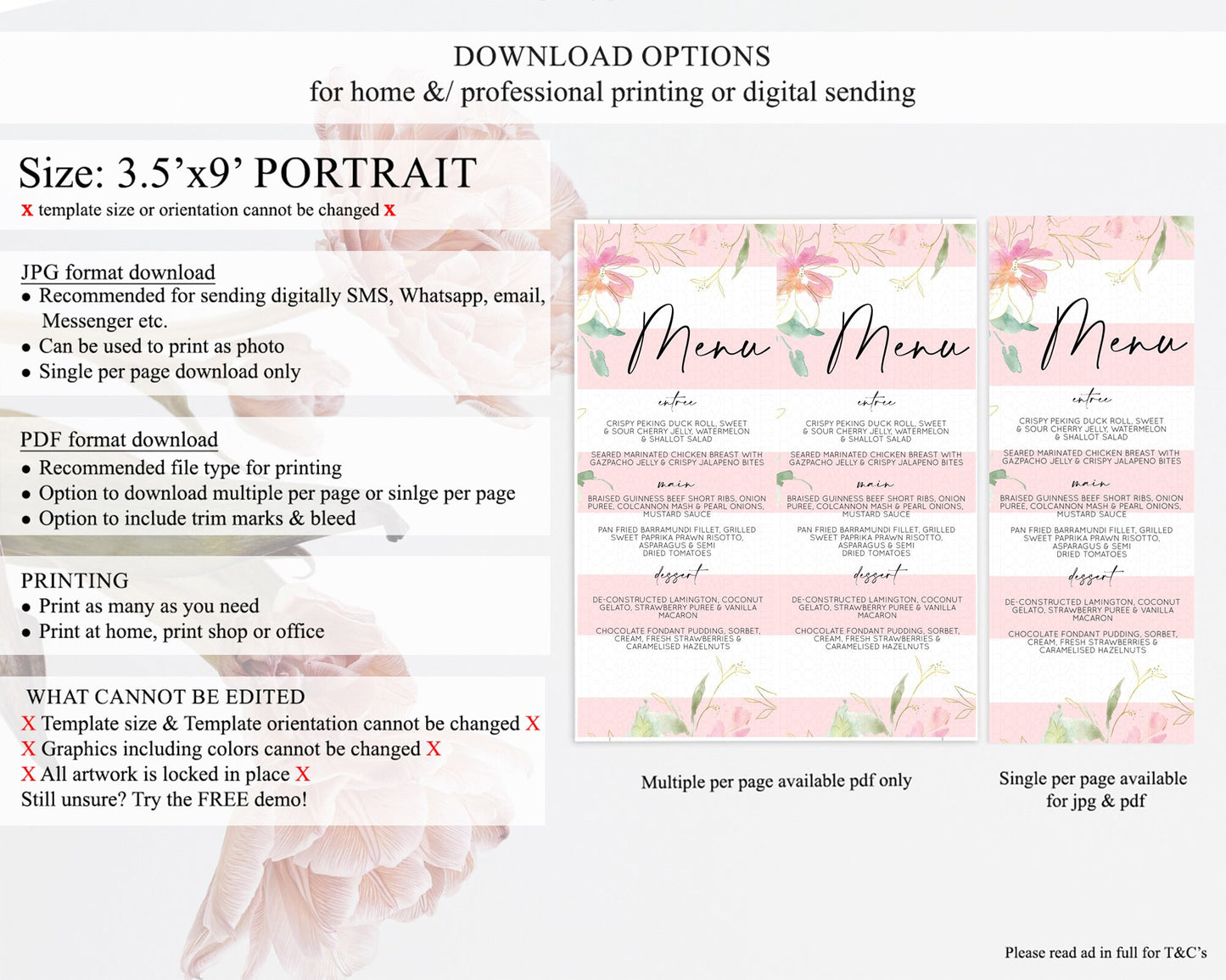 Secret Garden Menu Wildflower Menu Template Pastel Flower Garden Table Decor Boho Floral Dinner Dessert Floral Party Food Menu D10301