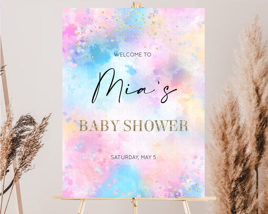 Rainbow Clouds Welcome Board Pastel Rainbow Baby Shower Welcome Colorful Baby Shower Ombre Gold Sprinkles Welcome Baby Shower Poster 589v4