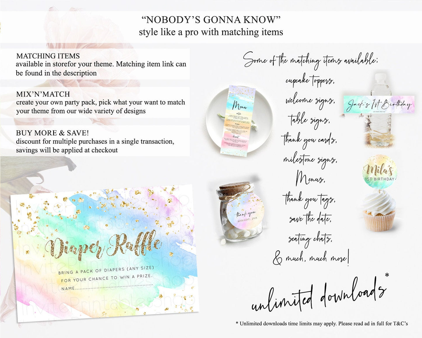 Pastel Diaper Raffle Card Pastel Rainbow Diaper Raffle Insert Colorful Ombre Watercolor Diaper Ticket Confetti Glitter Raffle Game D10637