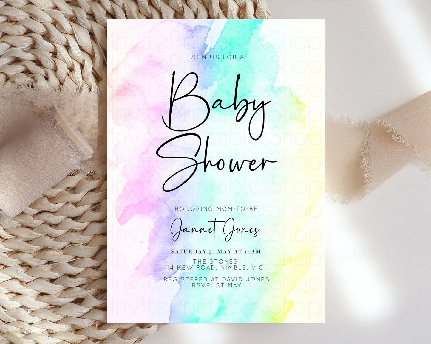 Rainbow Baby Shower Invitation Pastel Baby Sower Invite Colorful Splash Invite Sprinkle Confetti Watercolor Ombre Baby Shower Invite F210