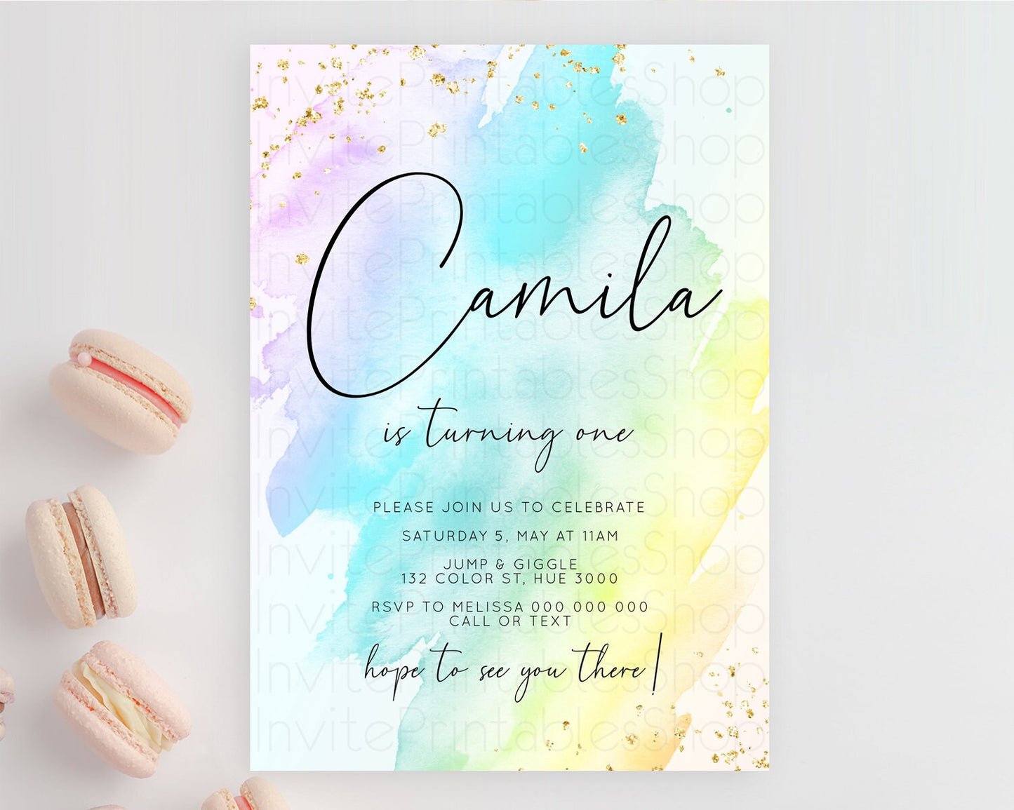 Rainbow Birthday Invitation Colorful Pastel Watercolor Invitation Gold Glitter Sprinkles Ombre Pastel 1st 2nd 3rd Birthday D10773