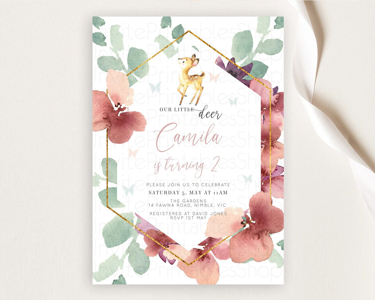 Fawn Birthday Invitation Deer Birthday Invitation Enchanted Forest Party Butterfly Pastel Flowers Whimsical 2nd 1st First Birthday D10915