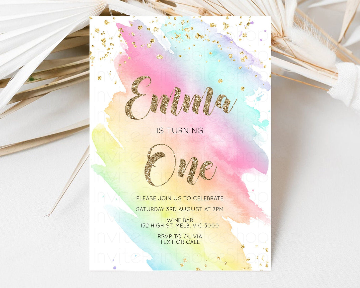 Rainbow Birthday Invitation Pastel Rainbow Birthday Invitation Ombre Watercolor Invite Colorful Splash Glitter Sprinkles 1st 2nd 3rd G518