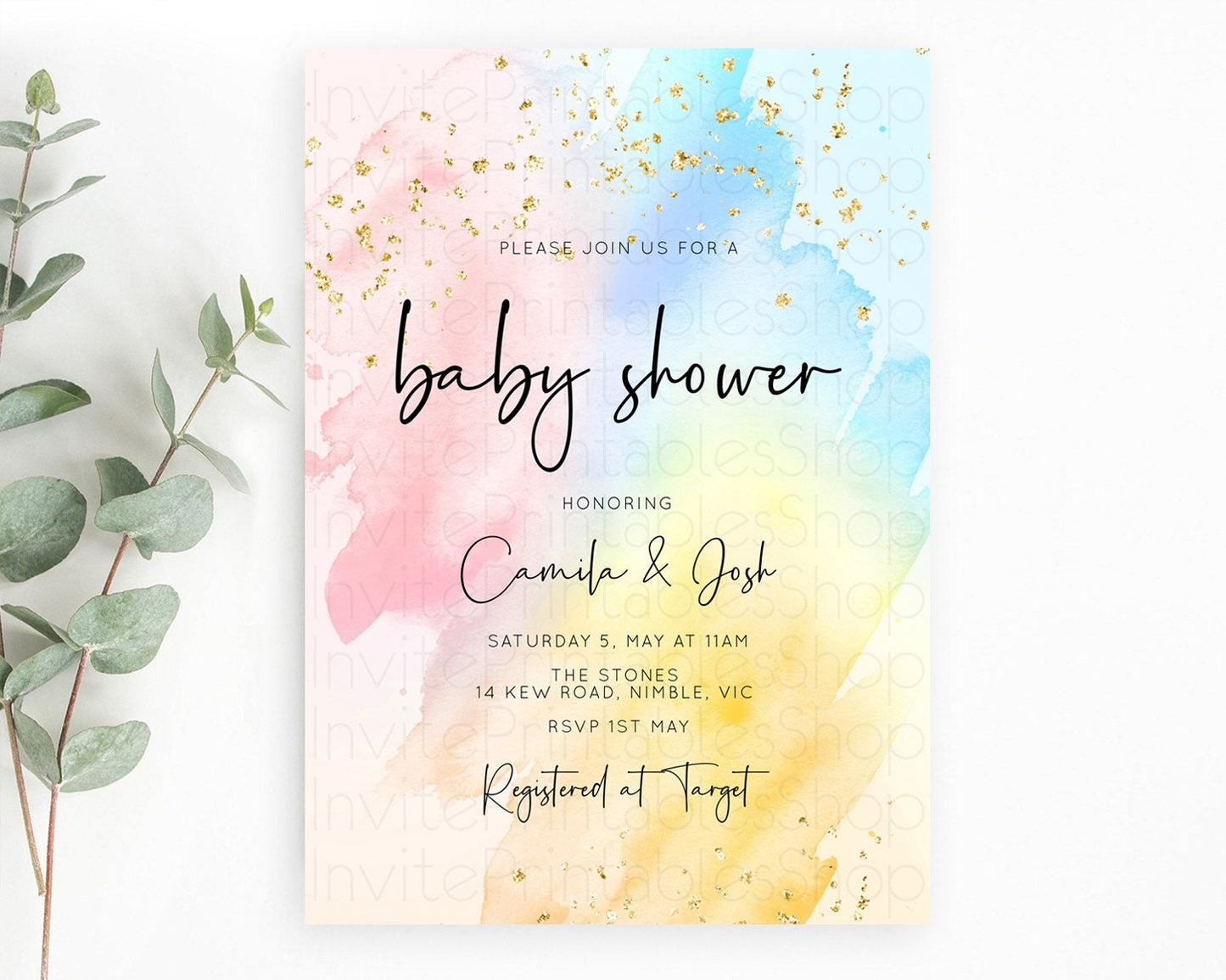 Pastel Baby Shower Invitation Rainbow Baby Shower Invitation Colorful Pastel Watercolor Invitation Gold Glitter Sprinkles Ombre D10557