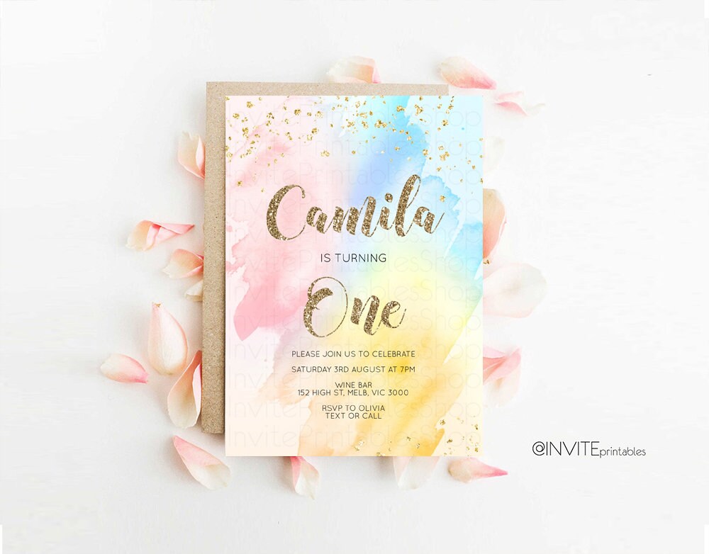 Rainbow Birthday Invitation Pastel Birthday Invitation Ombre Rainbow Invite Colorful Watercolor Invite Glitter Sprinkle Invitation