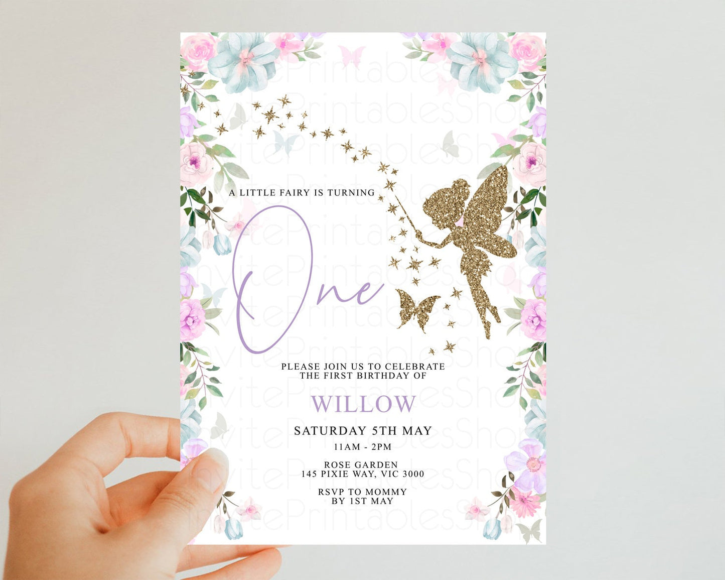 Fairy Birthday Invitation Glitter Fairy Invitation Enchanted Garden Invite Secret Garden Pastel Floral Invite Butterfly 1st 2nd 3rd 513V3