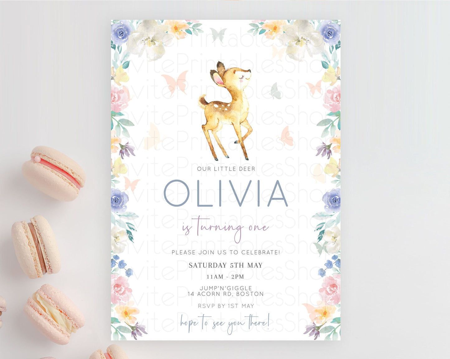 Fawn Birthday Invitation Deer Birthday Invitation Enchanted Forest Party Butterfly Pastel Flowers Whimsical 2nd 1st First Birthday D11035