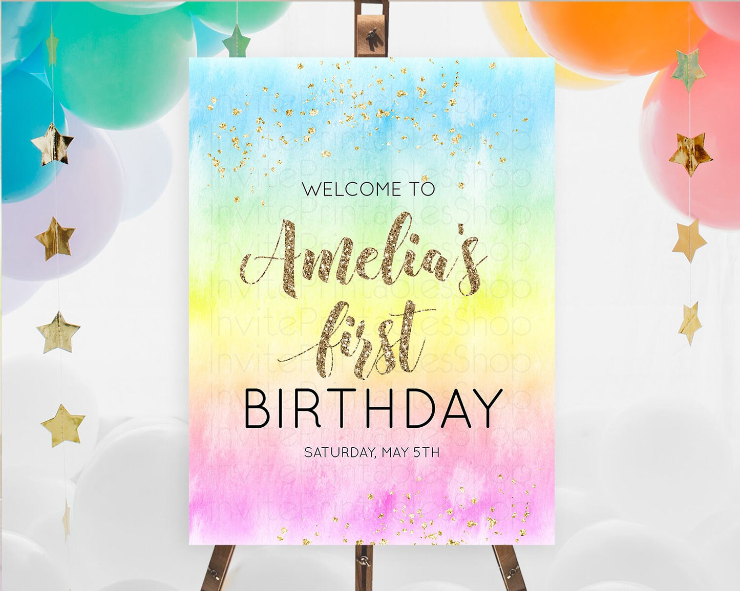 Pastel Welcome Sign Pastel Rainbow Welcome Sign Colorful Rainbow Confetti Watercolor Glitter Pastel First Birthday Welcome Sign D10479