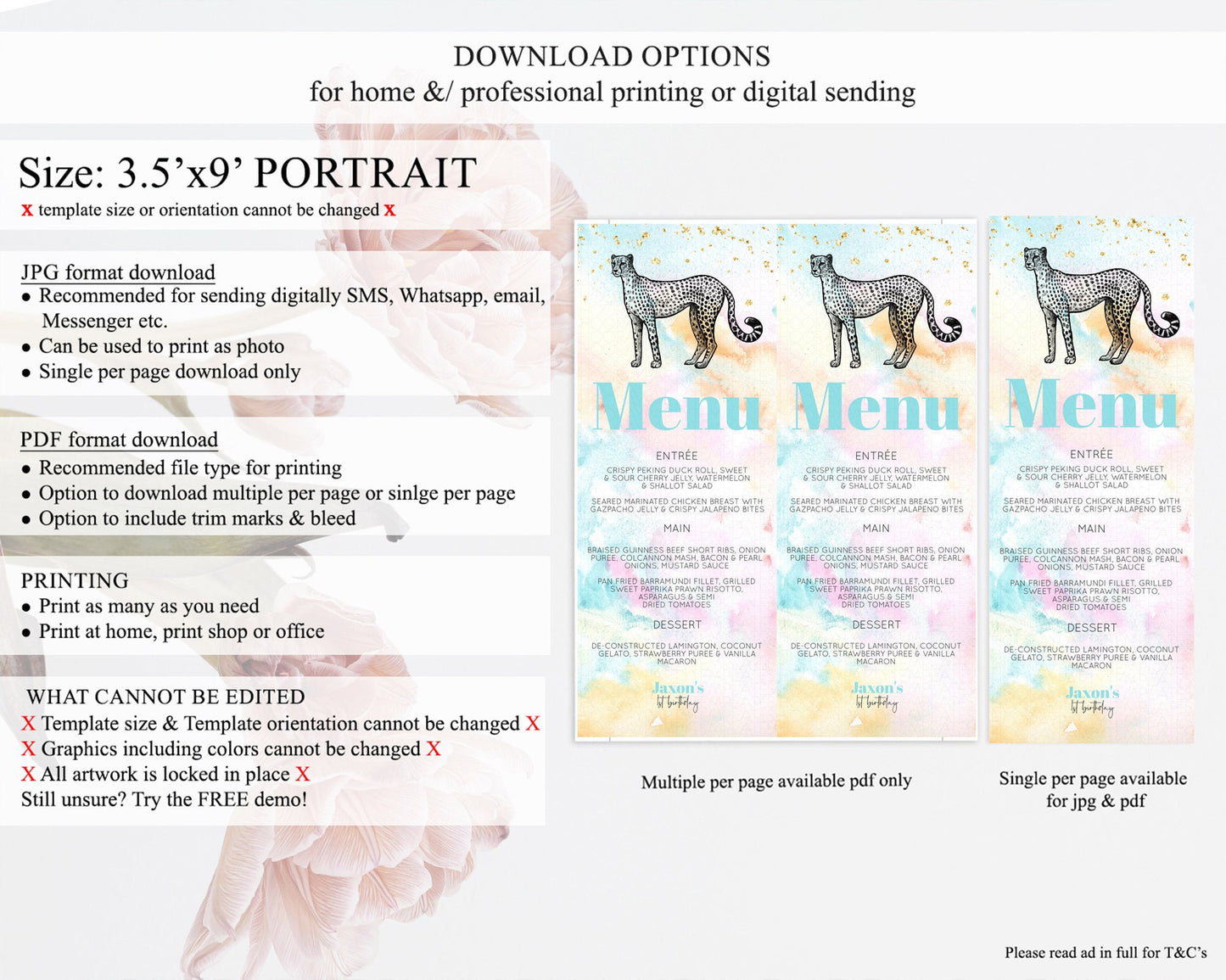 Pastel Cheetah Menu Rainbow Cheetah Menu Template Colorful Rainbow Table Decor Pastel Dinner Dessert Menu Cheetah Party Food Menu D10289