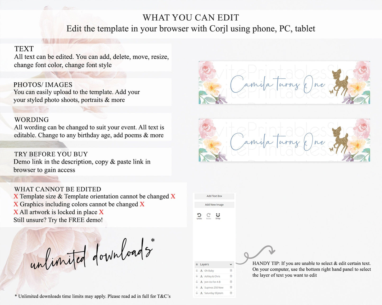Fawn Deer Water Label Template Pastel Floral Deer Enchanted Forest Butterfly Party Decor Birthday Baptism Baby Shower Bridal Shower D10878