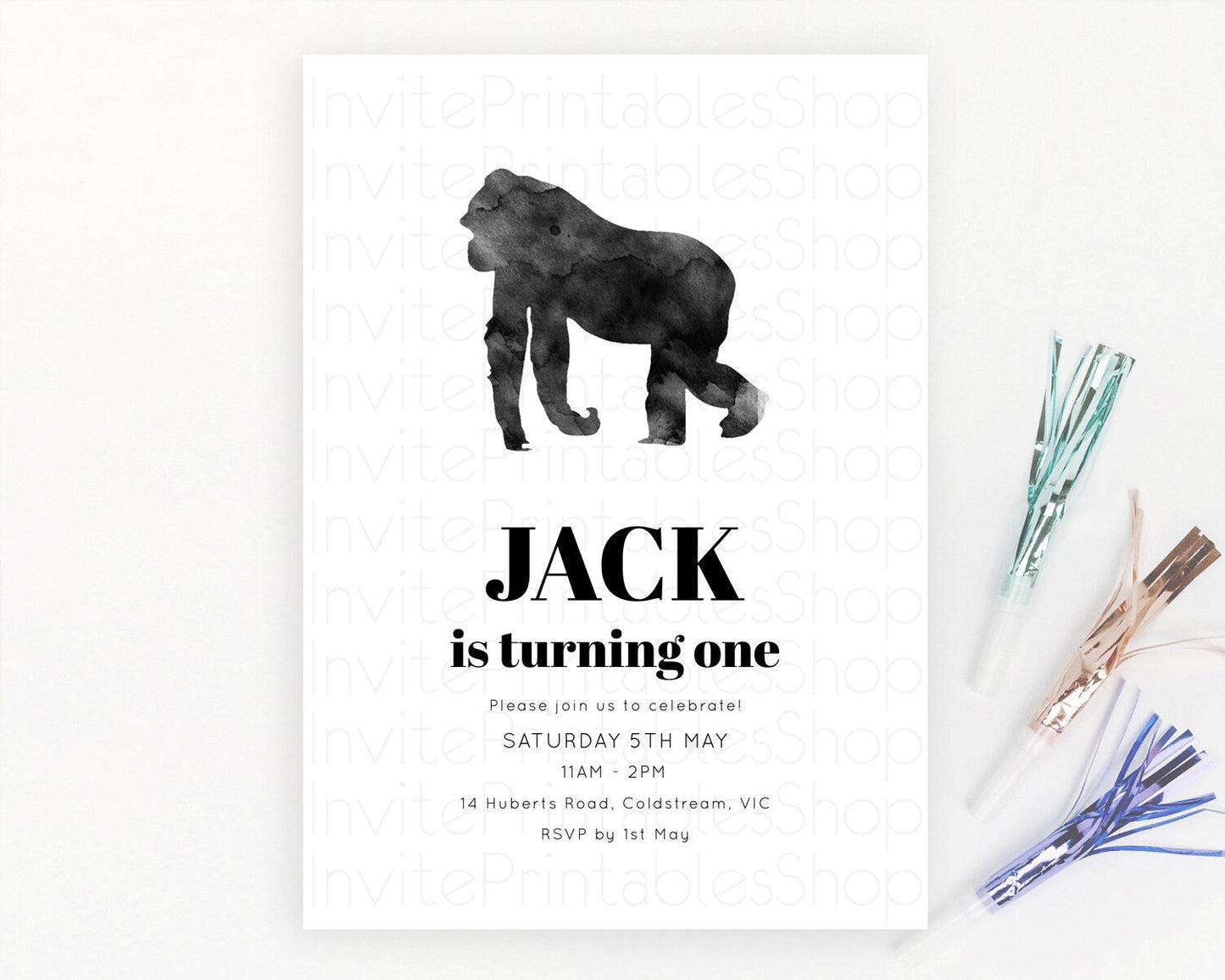 Gorilla Birthday Invitation Gorilla Invitation Gorilla Birthday Jungle Gorilla Party Jungle Adventure Zoo Party Animals Two Wild ONE D10799