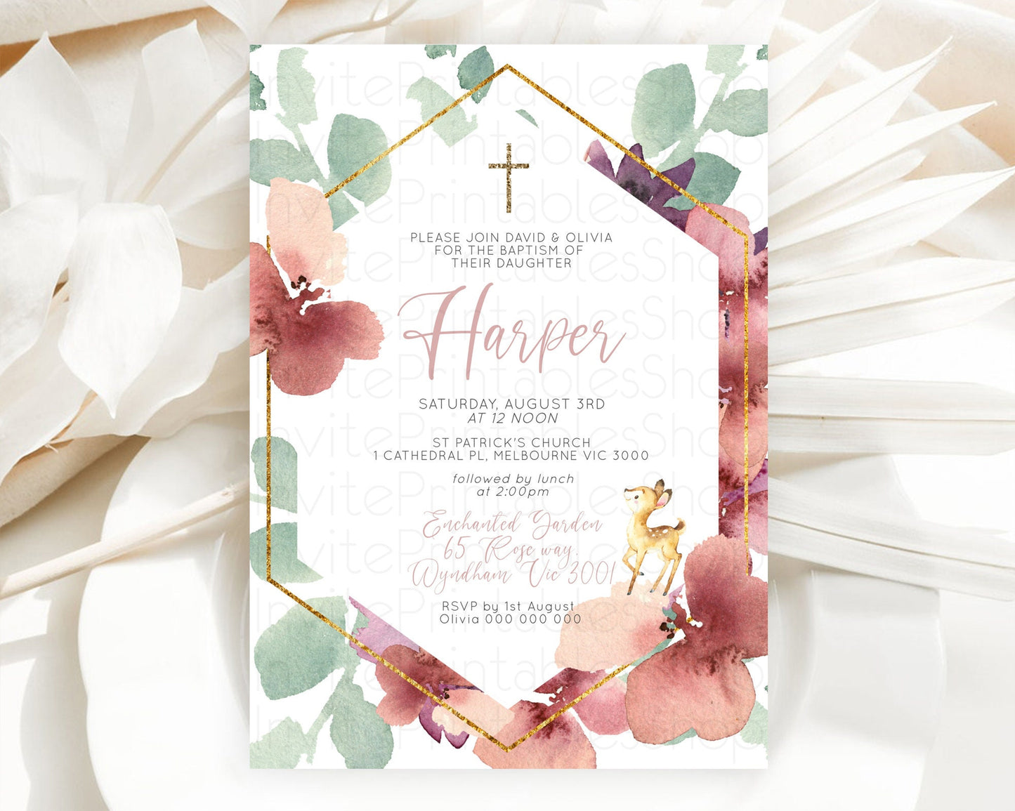 Fawn Baptism Invitation Deer Baptism 1st Birthday Invitation Enchanted Forest Christening Invitation Pastel Garden Butterfly Floral D10915