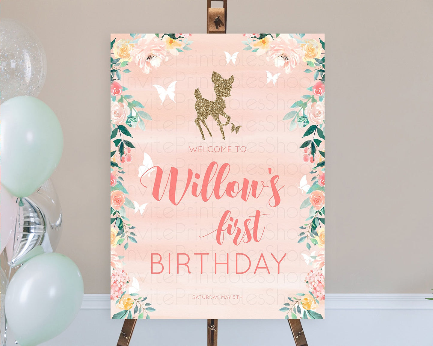 Fawn Welcome Sign Deer Welcome Board Floral Deer Welcome Poster Enchanted Forest Butterfly Pastel Floral First Birthday Welcome Sign D10873