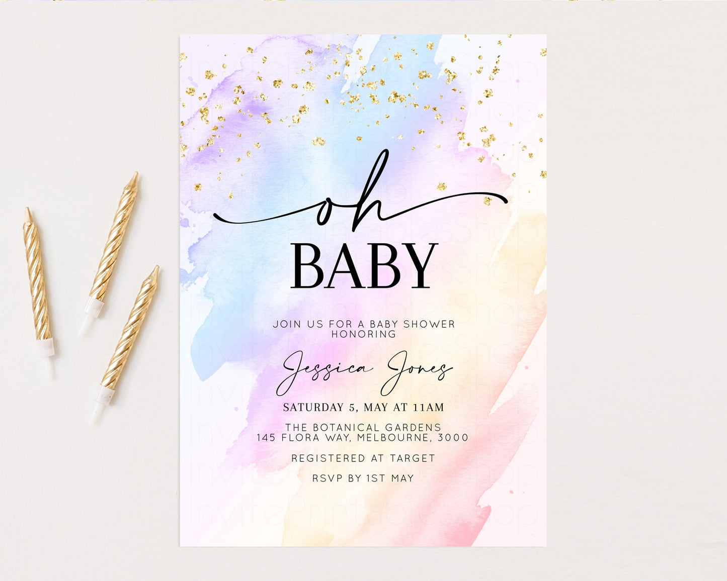 Rainbow Baby Shower Invitation Pastel Baby Shower Invitation Watercolor Ombre Invitation Rainbow Pastel Colors Invite Glitter Confetti t600