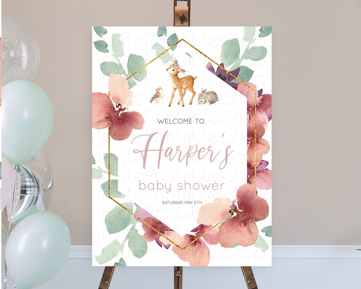 Fawn Baby Shower Welcome Sign Deer Welcome Board Floral Deer Welcome Poster Enchanted Forest Butterfly Pastel Floral Welcome Sign D10913