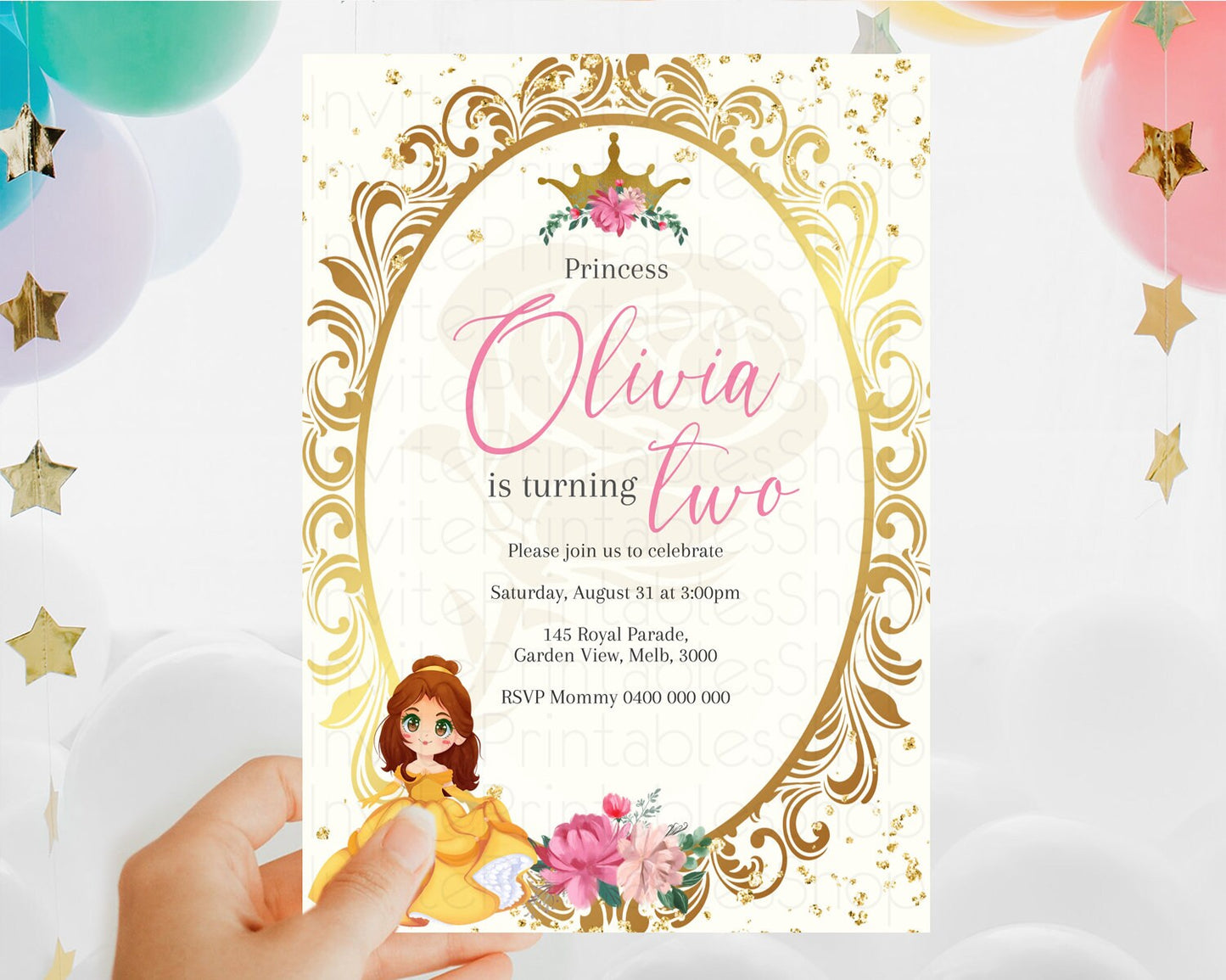 Princess Birthday Invitation Castle Invitation Royal Birthday Fairy Tale Enchanted Mirror Pastel Floral Garden 1st First Birthday D10739