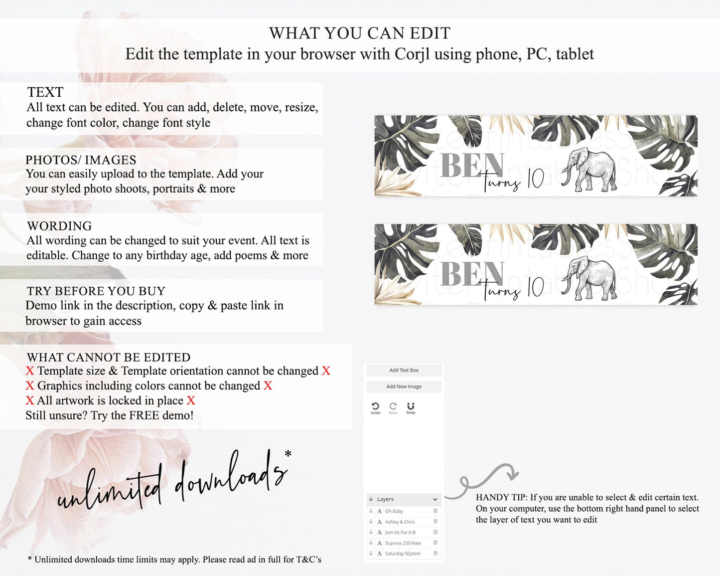 Elephant Water Label Template Elephant Safari Adventure Party Decor Dried Palm Fern Zoo Birthday Baptism Baby Shower Bridal Shower D10806