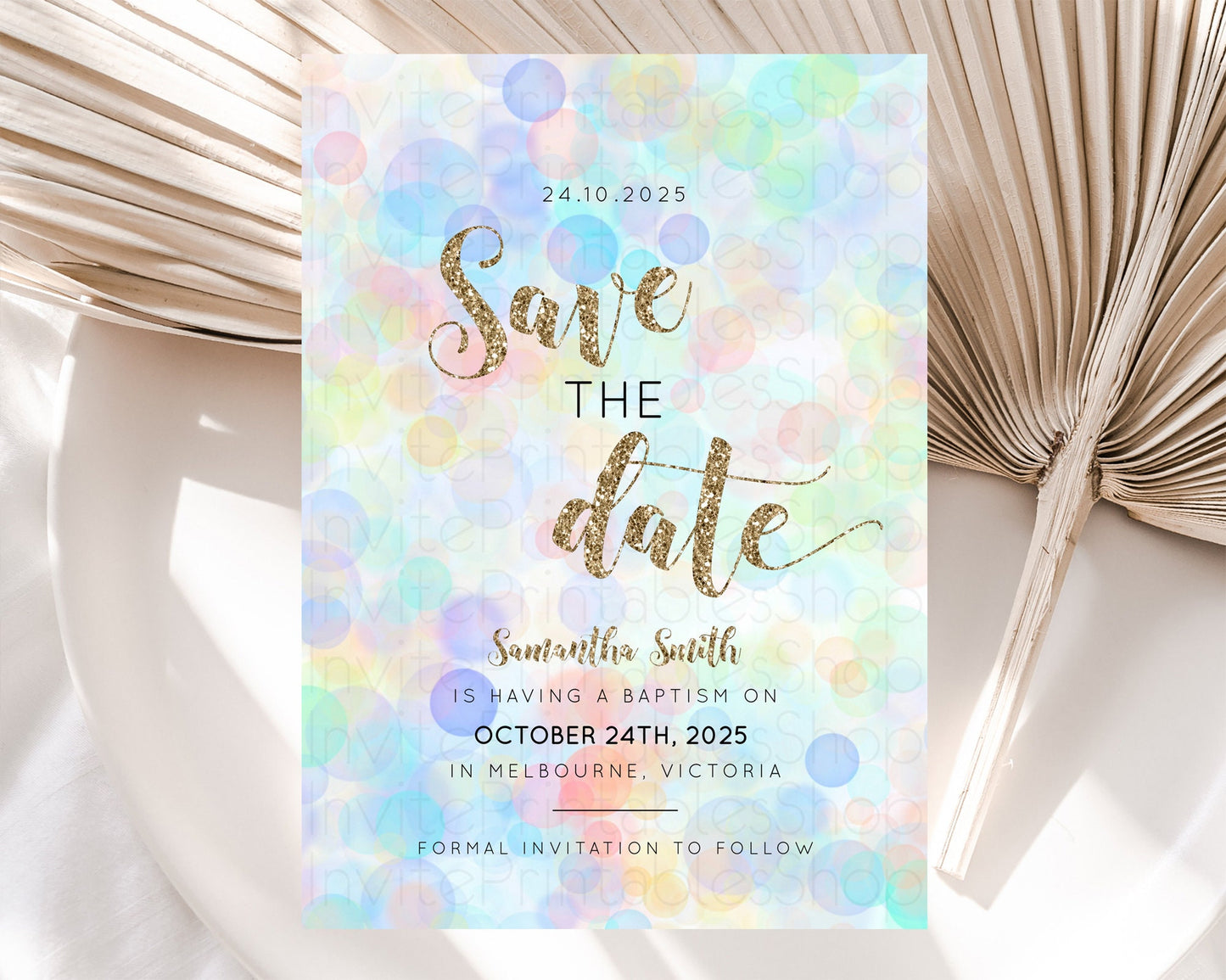 Pastel Bubbles Save The Date Template Bubble Bath Party Rainbow Colorful Confetti Sprinkles 1st Birthday Baby Shower Baptism Wedding D10447