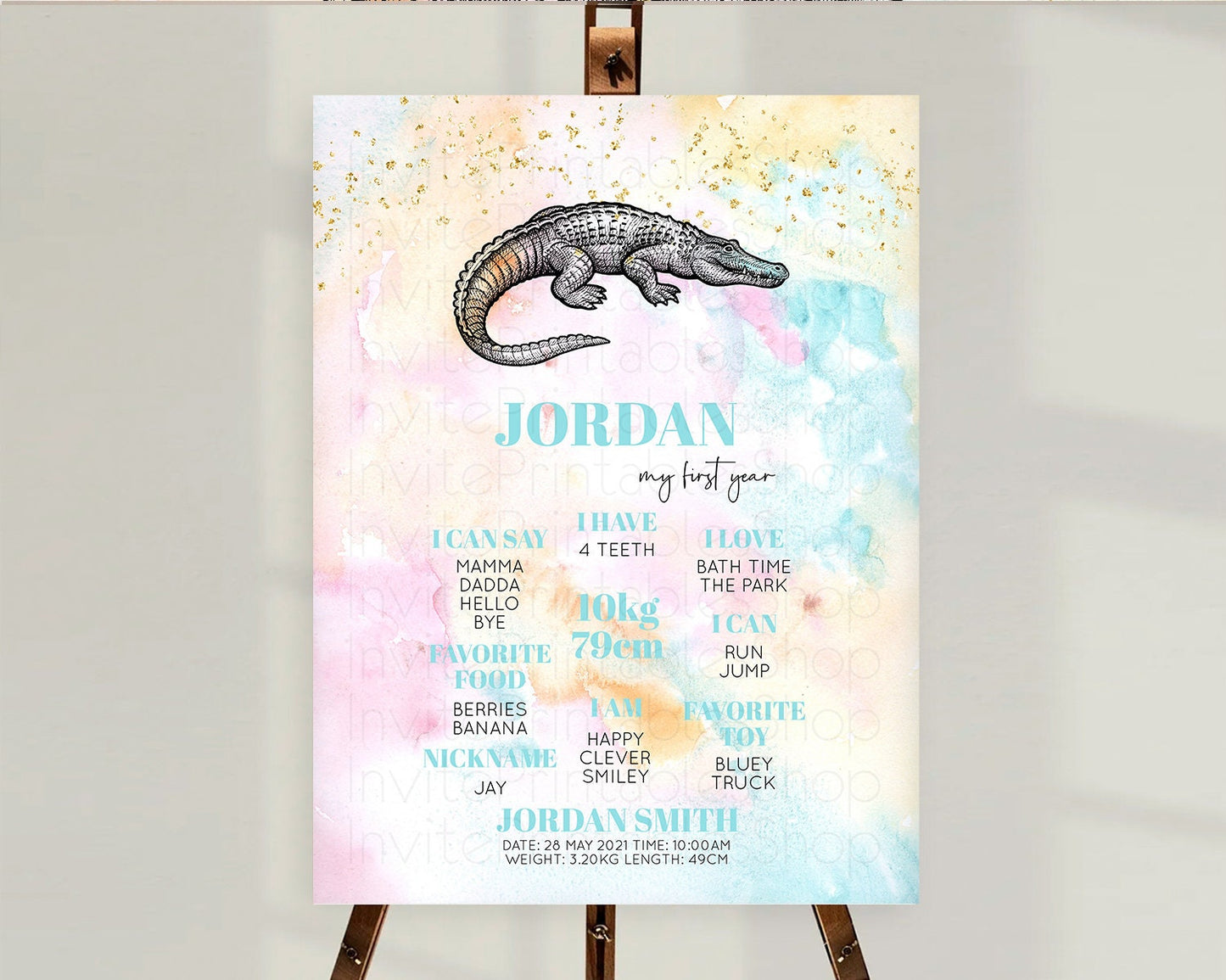 Pastel Crocodile First Birthday Milestone Board Pastel Watercolor Alligator Milestone Poster Colorful Rainbow Birthday Welcome Sign D10285