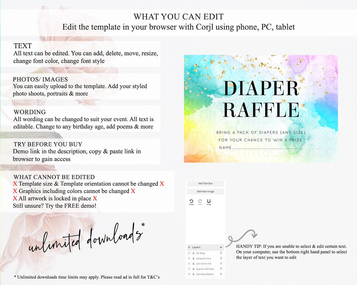 Pastel Diaper Raffle Card Pastel Rainbow Diaper Raffle Insert Colorful Ombre Watercolor Diaper Ticket Confetti Glitter Raffle Game D10961