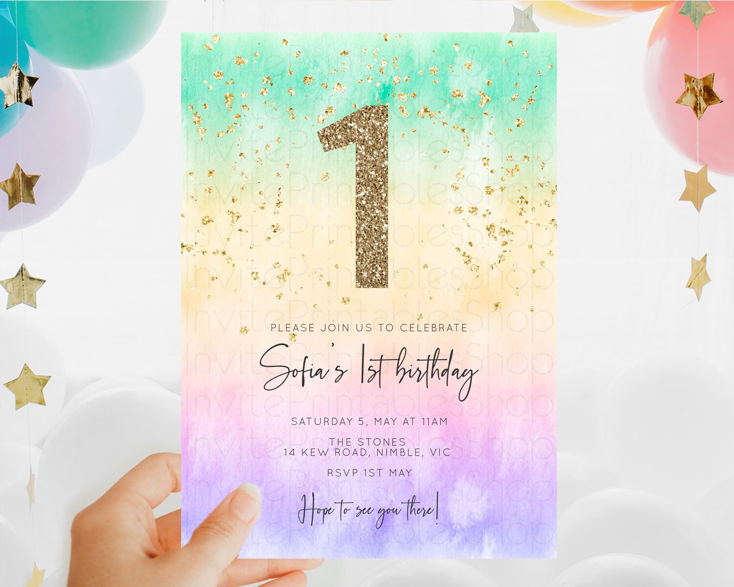 Editable Rainbow Birthday Invitation Colorful Pastel Watercolor Invitation G