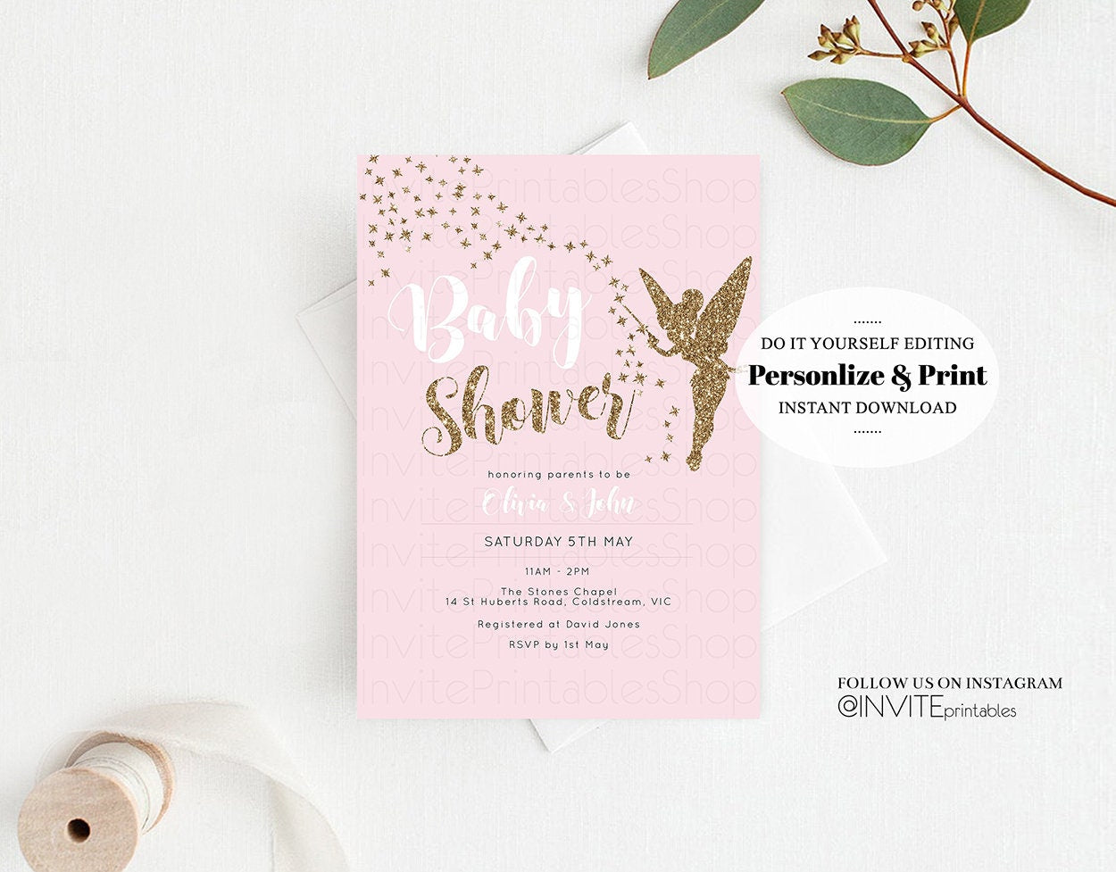 Fairy Baby Shower Invitation Enchanted Baby Shower Invite Tinker Bell Invites Gold Glitter Sprinkle Twinkle Stars Fairytale Pink Pastel Girl