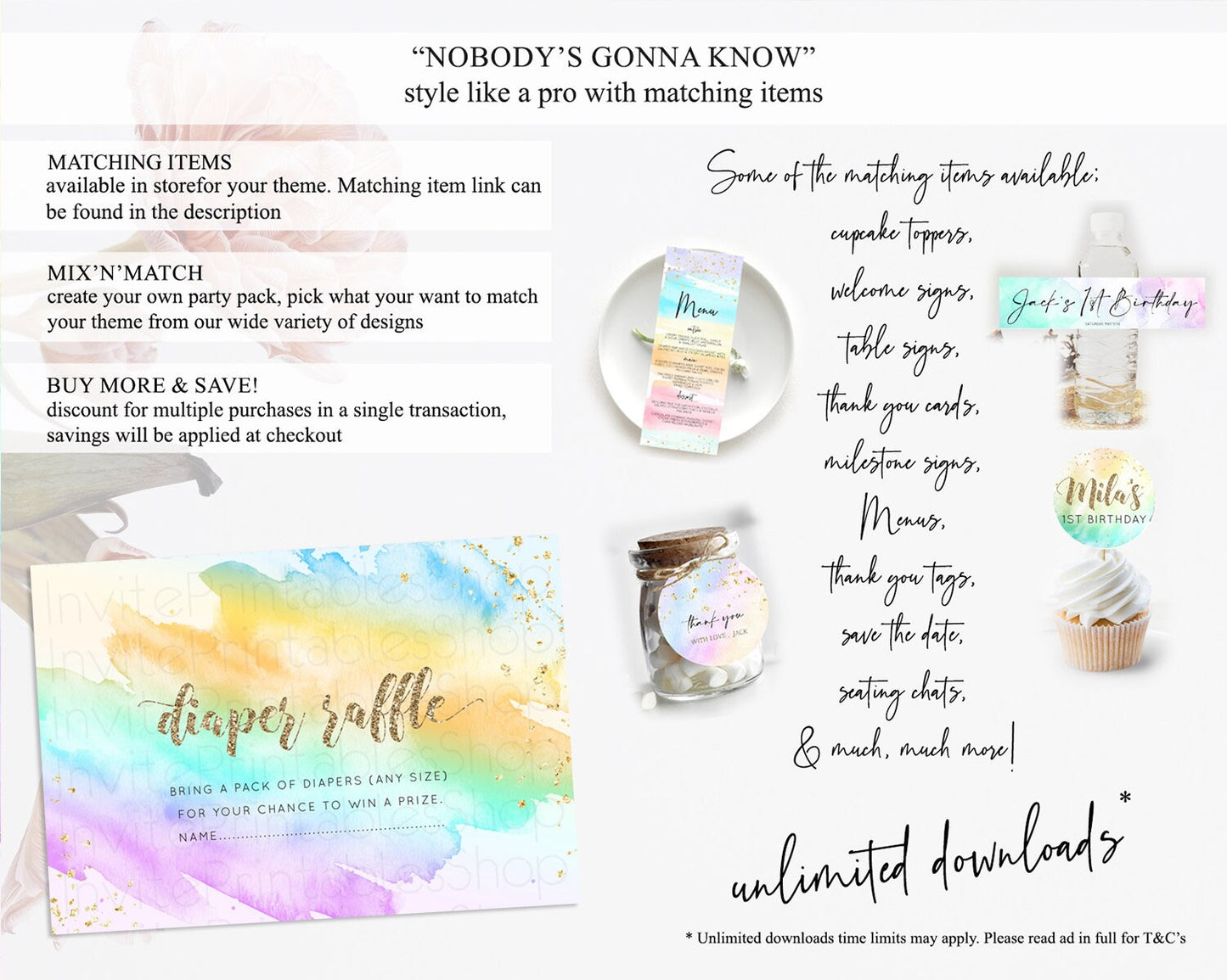 Pastel Diaper Raffle Card Pastel Rainbow Diaper Raffle Insert Colorful Ombre Watercolor Diaper Ticket Confetti Glitter Raffle Game D10426