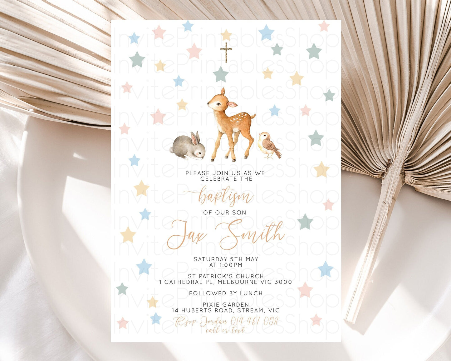 Fawn Baptism Invitation Deer Baptism 1st Birthday Invitation Enchanted Forest Christening Invitation Pastel Garden Butterfly Floral D10918