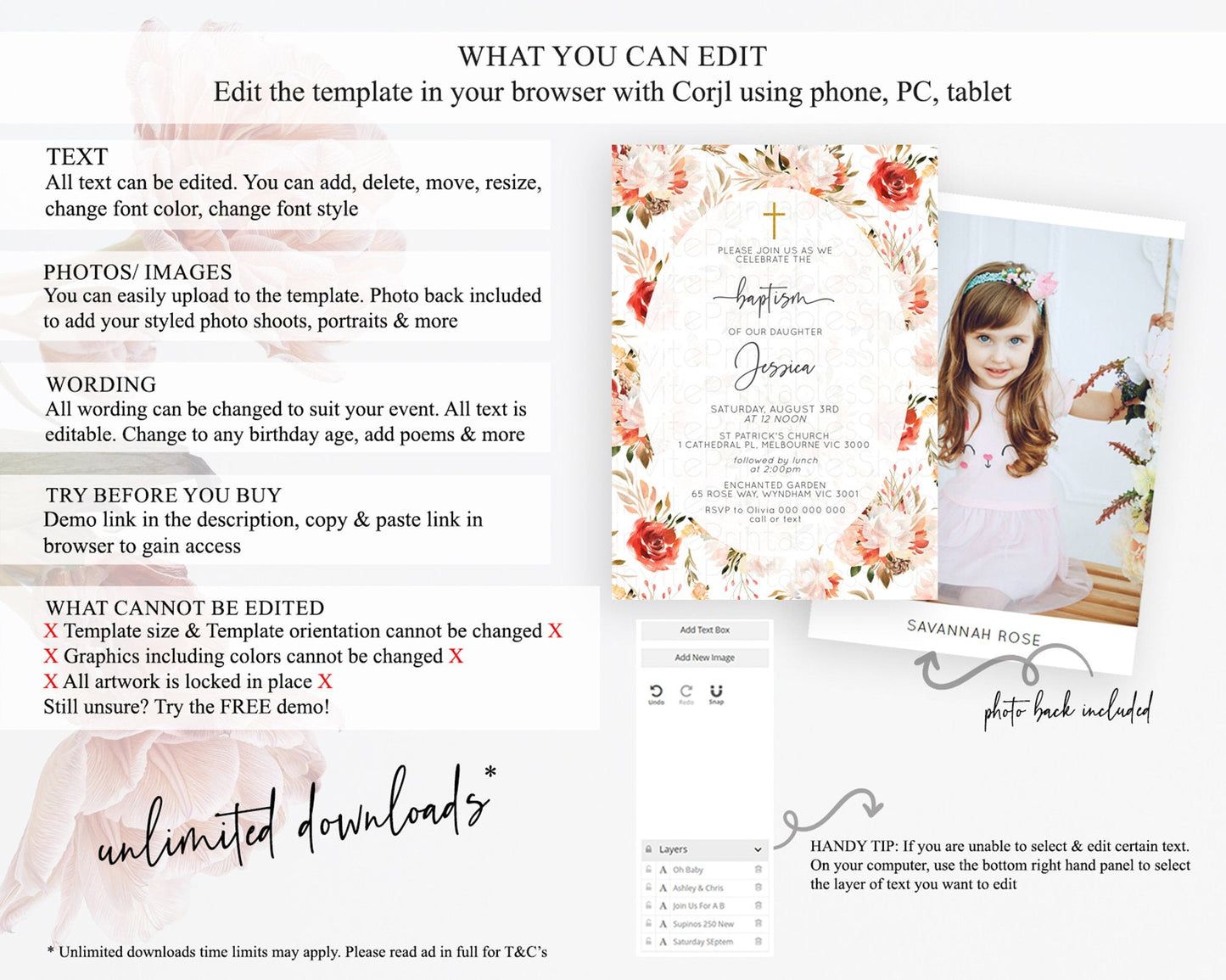 Secret Garden Baptism Invitation Wildflower Baptism Birthday Invite Pastel Flowers Christening Invite Enchanted Garden Boho Floral D10540