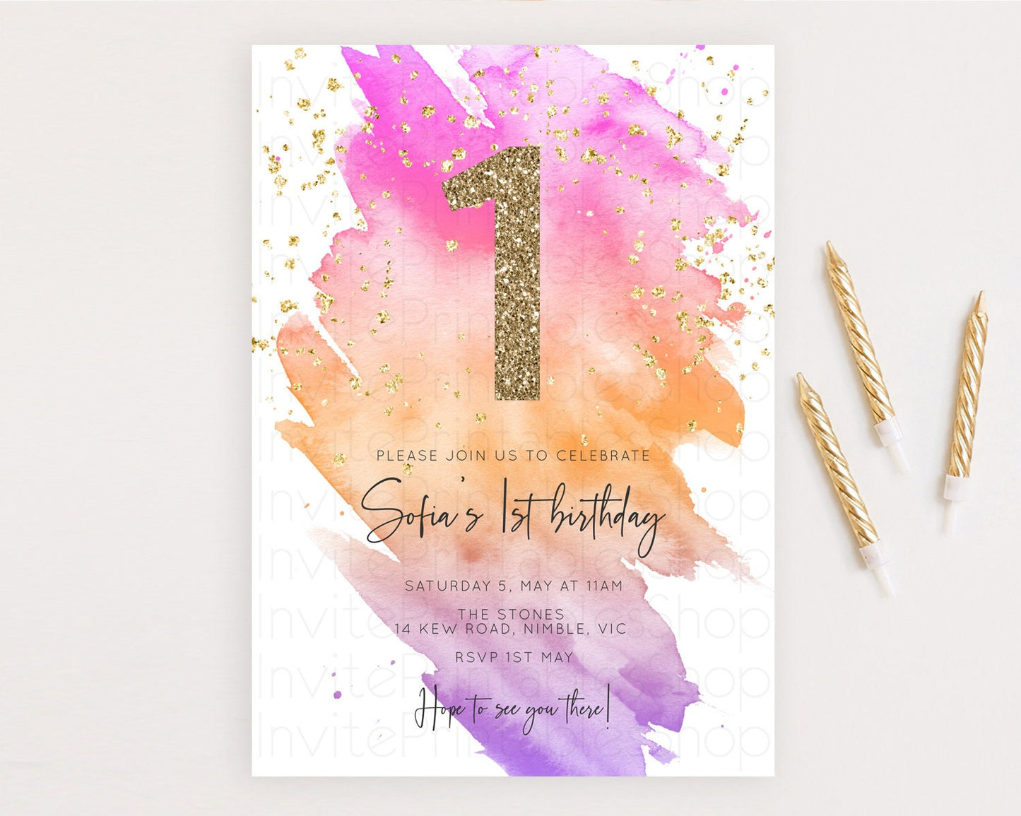 Rainbow Birthday Invitation Colorful Pastel Watercolor Invitation Gold Glitter Sprinkles Ombre Pastel 1st 2nd 3rd Birthday D10488