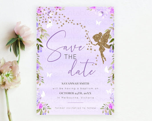 Editable Fairy Save The Date Template Enchanted Garden Pastel Floral Butterf