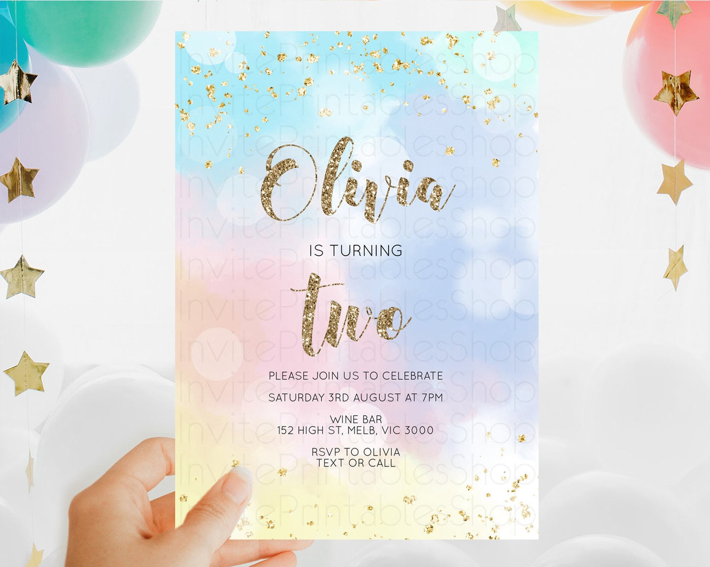 Rainbow Birthday Invitation Colorful Pastel Watercolor Invitation Gold Glitter Sprinkles Ombre Pastel 1st 2nd 3rd Birthday D10367