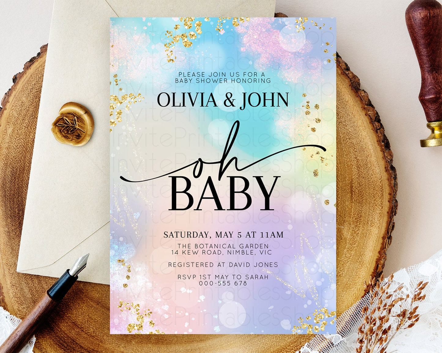 Pastel Baby Shower Invitation Rainbow Baby Shower Invitation Colorful Pastel Watercolor Invitation Gold Glitter Sprinkles Ombre D10675