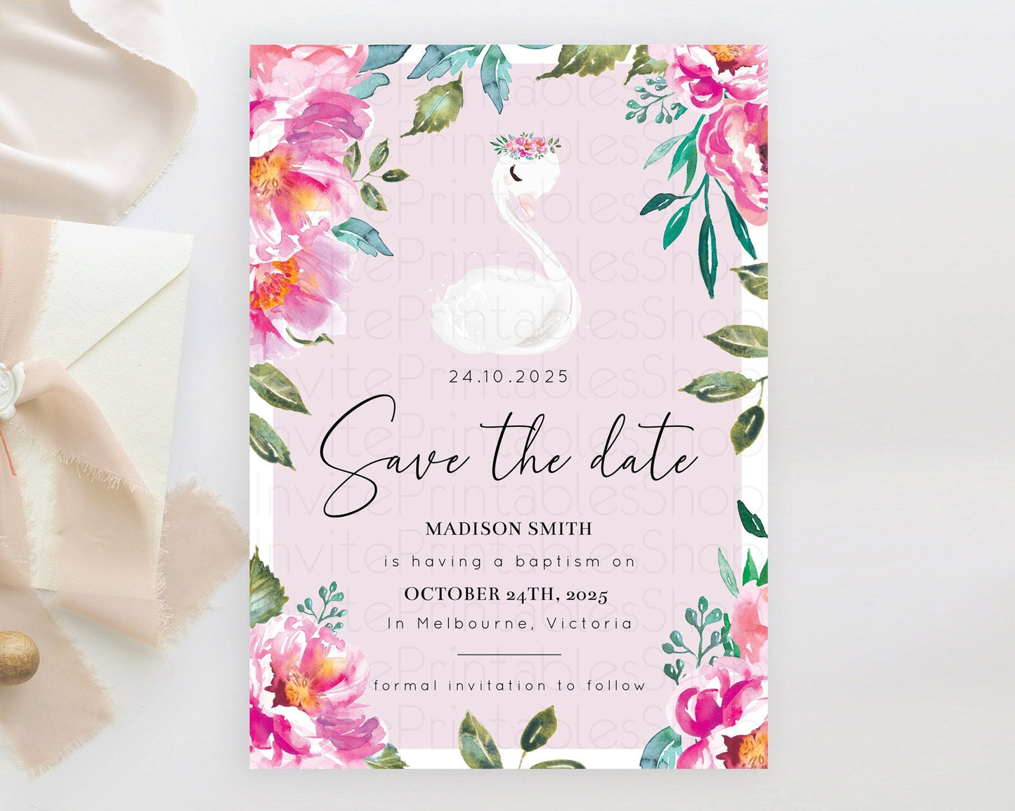 Swan Save The Date Template Swan Princess Ballet Party Enchanted Swan Lake Secret Garden Pastel Floral Birthday Baptism Baby Shower D10757