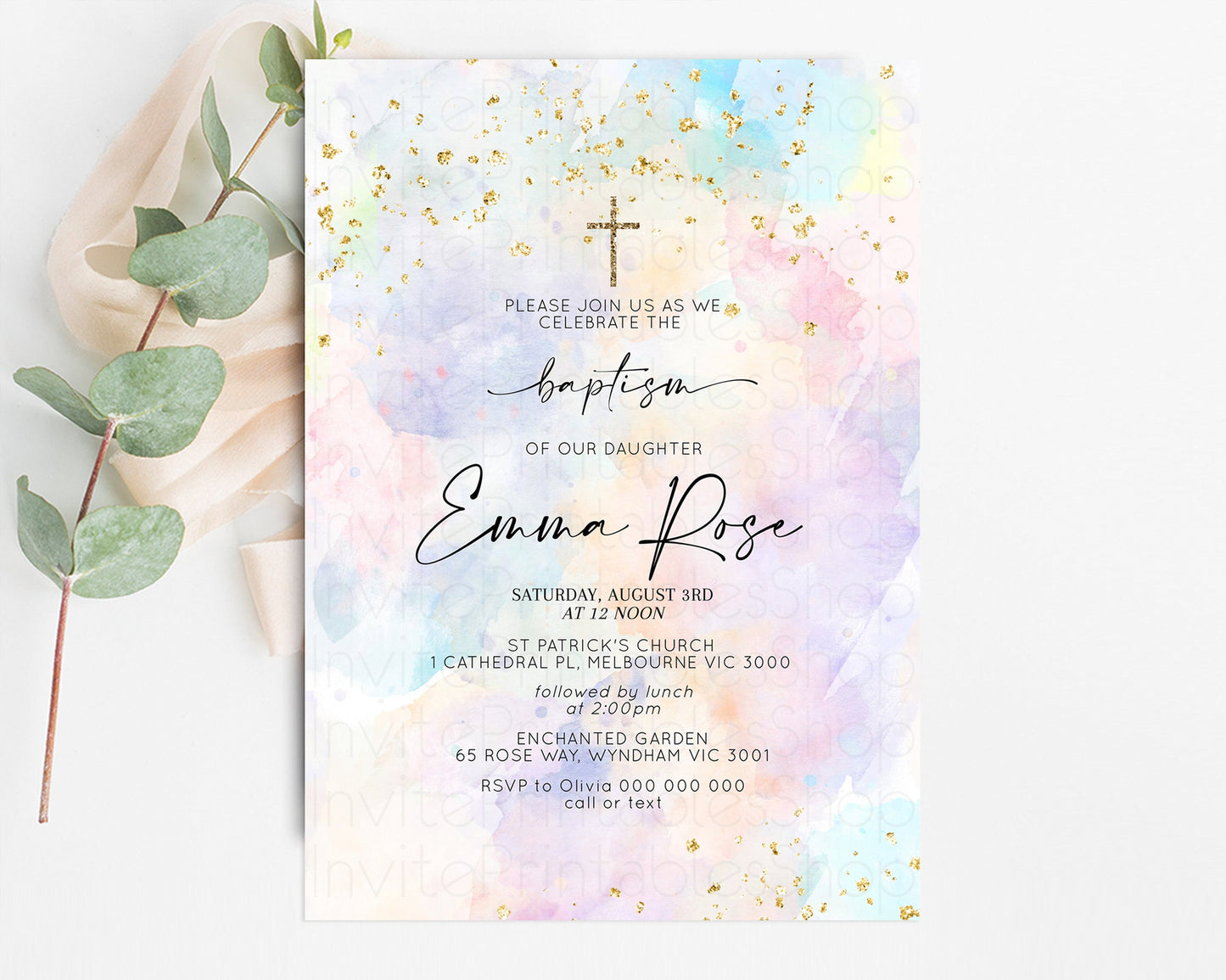 Pastel Baptism Invitation Rainbow Christening Invitation Holy Communion Invite Baptism 1st Birthday Sprinkles Ombre Watercolor Splash