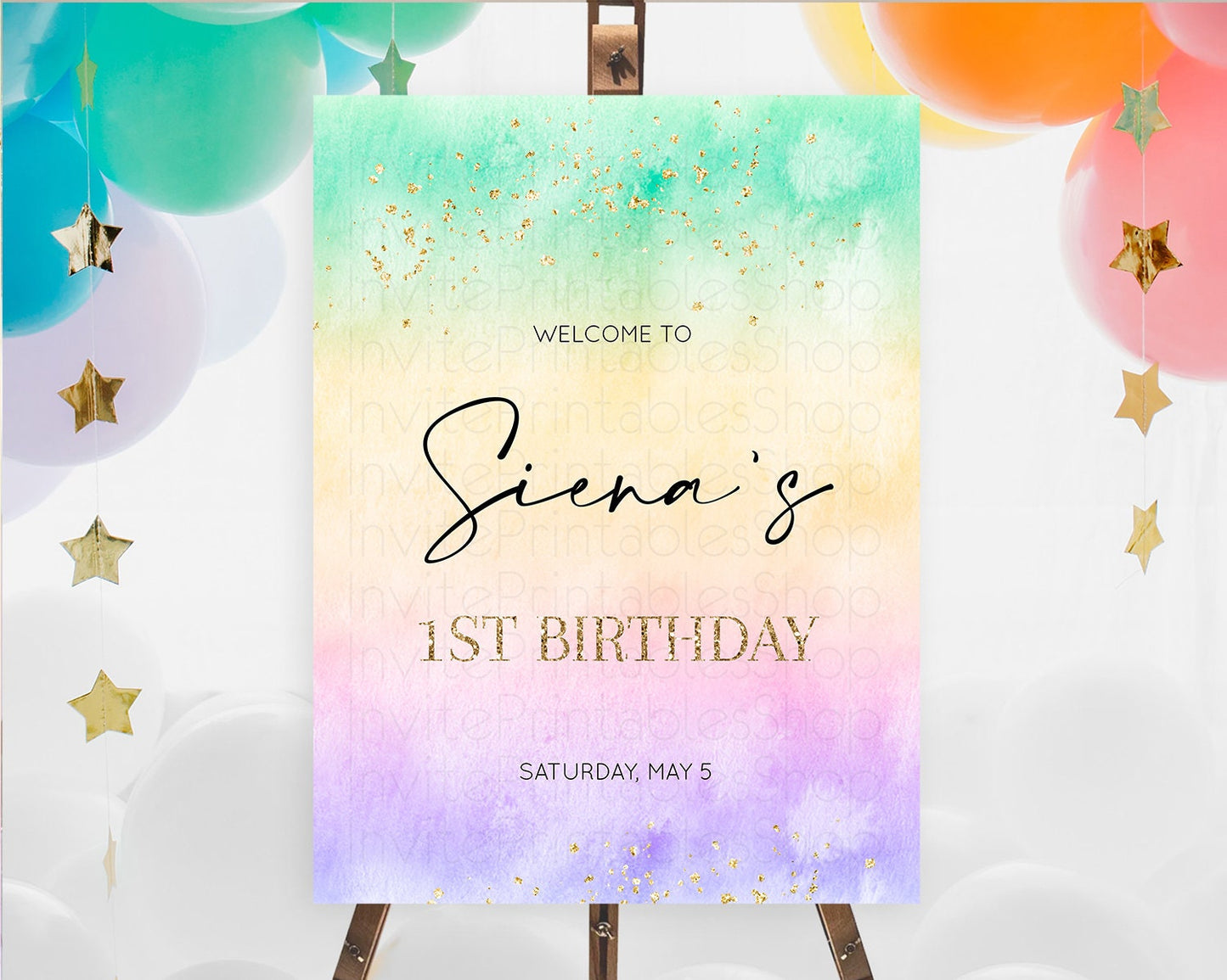 Pastel Welcome Sign Pastel Rainbow Welcome Sign Colorful Rainbow Confetti Watercolor Glitter Pastel First Birthday Welcome Sign D10481