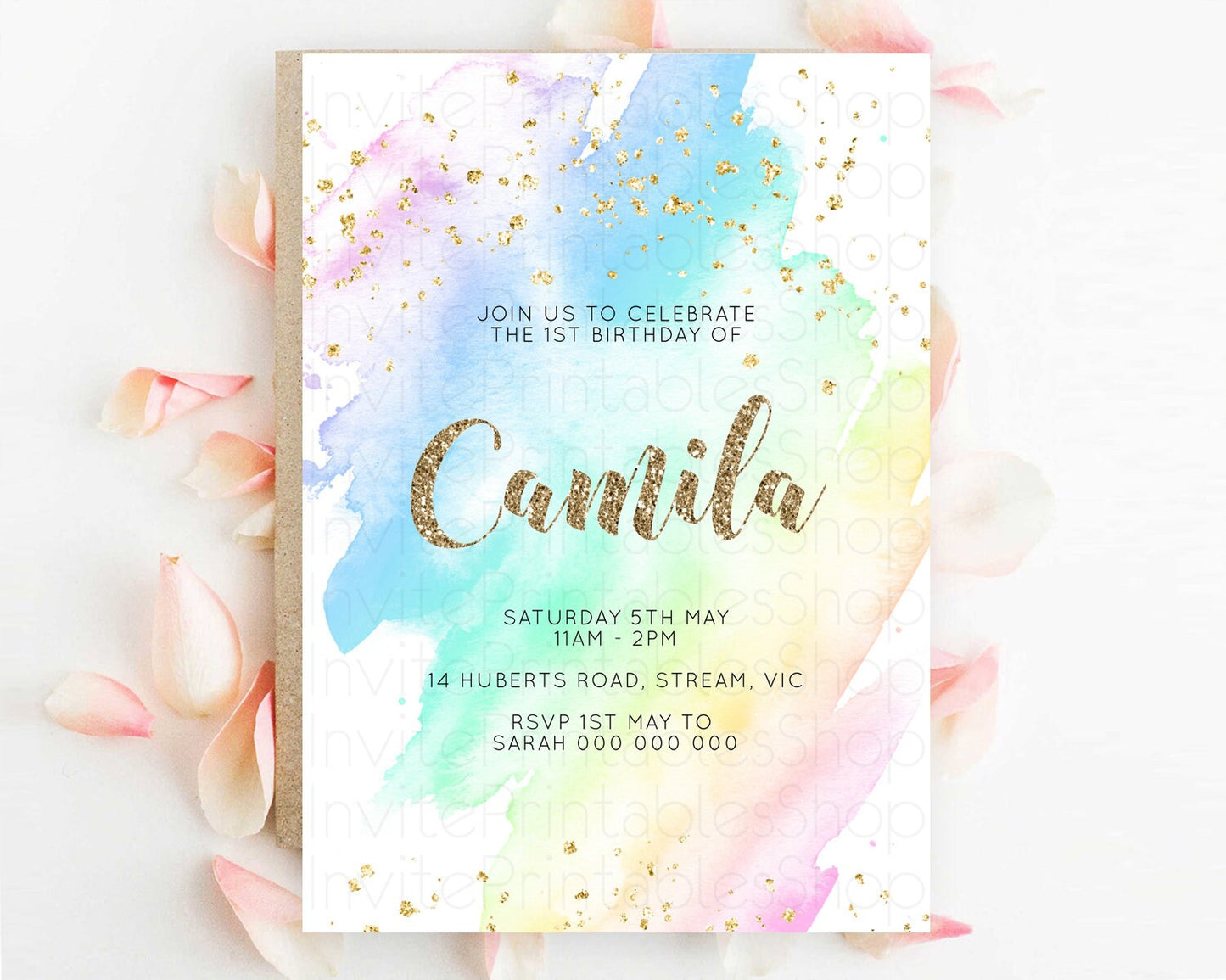 Rainbow Birthday Invitation Colorful Pastel Watercolor Invitation Gold Glitter Sprinkles Ombre Pastel 1st 2nd 3rd Birthday D10637