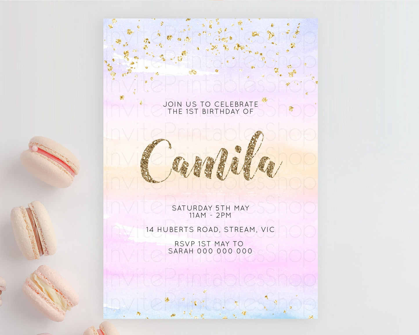 Rainbow Birthday Invitation Colorful Pastel Watercolor Invitation Gold Glitter Sprinkles Ombre Pastel 1st 2nd 3rd Birthday D10595