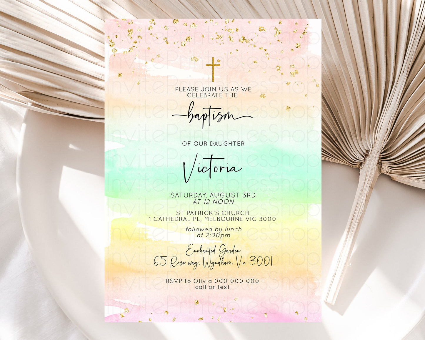 Pastel Baptism Invitation Pastel Colors Watercolor Baptism 1st Birthday Party Gold Ombre Pastel Rainbow Christening Holy Communion D10591