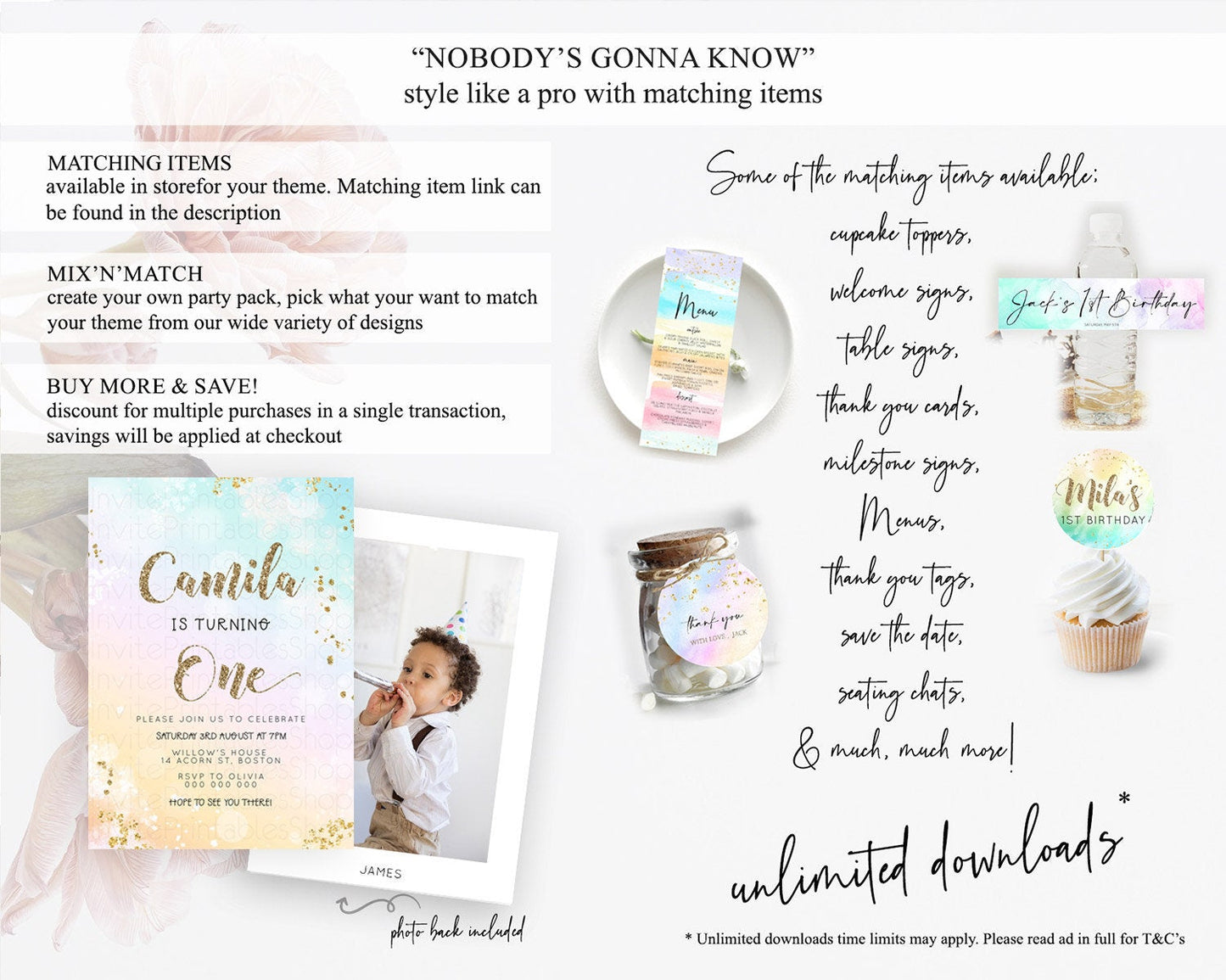 Rainbow Birthday Invitation Colorful Pastel Watercolor Invitation Gold Glitter Sprinkles Ombre Pastel 1st 2nd 3rd Birthday D23116