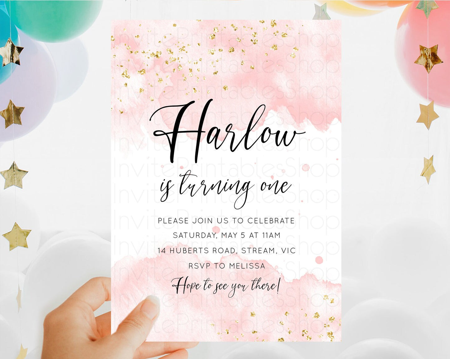 Pink Birthday Invitation pink Watercolor Invitation Pastel pink Watercolor Invitation pink Splash Gold Invitation 1st First Birthday D10328